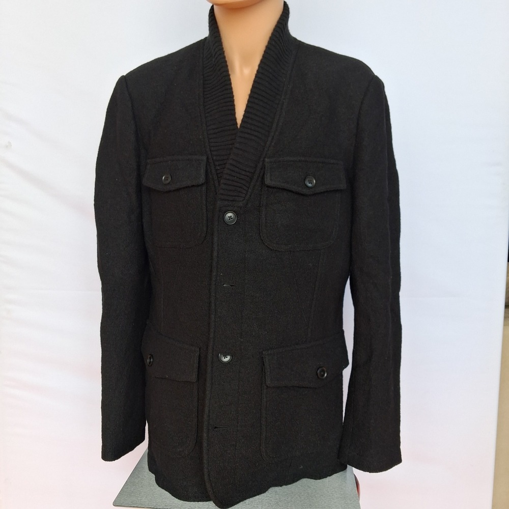 Tristan Mens Wool Blend Field Jacket Ribbed Shawl Collar Black Medium